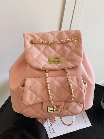 Mochila Acolchada Elegante para Mujer Cuero PU con Cadena Patrón de Diamante Mochila Pequeña de Moda para Viaje Diario