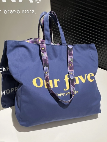 Grand Sac Fourre-tout en Toile Avec Impression Lettres Fleurs Sac à Bandoulière Minimaliste Urbain Main pour Femmes Quotidien