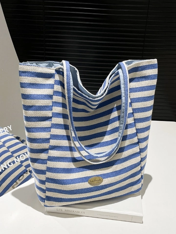 Women Casual Striped Canvas Tote Bag Large Capacity Handbag Artistic Contrast Color Shoulder Bag With Handmade Metal Tag