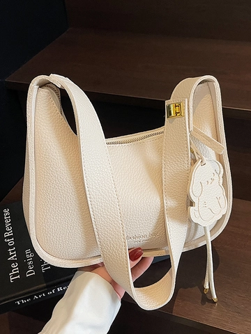 Women Lychee Pattern PU Leather Hobo Bag Urban Minimalist Underarm Shoulder Bag With Cute Dog Charm Daily Commuting Handbag
