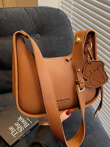 Women Lychee Pattern PU Leather Hobo Bag Urban Minimalist Underarm Shoulder Bag With Cute Dog Charm Daily Commuting Handbag