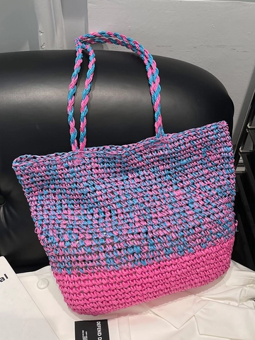 Bolso Tote de Mujer Casual Tejido en Color de Contraste Estilo Mori Bolso de Hombro Tejido a Mano para Vacaciones de Verano Playa