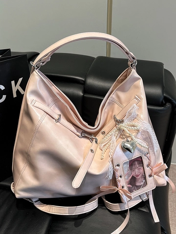 Sac Fourre-tout Femme en Cuir PU Grande Capacité Rétro Coréen Sac à Bandoulière Avec Nœud en Dentelle Perle Pendentif Cœur pour Navette