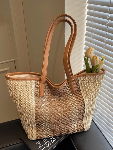 Bolso Tote Grande de Paja Tejida para Mujer Color de Contraste Calado Empalme Bolso de Hombro para Verano Playa Vacaciones Estilo Casual