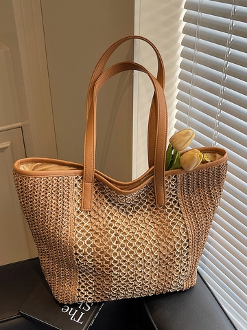 Bolso Tote Grande de Paja Tejida para Mujer Color de Contraste Calado Empalme Bolso de Hombro para Verano Playa Vacaciones Estilo Casual