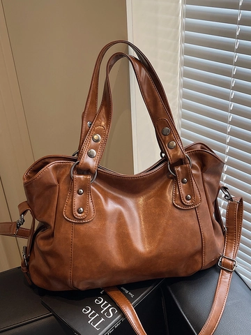 Women Large Capacity Vintage PU Leather Tote Bag Rivet Decor Crossbody Shoulder Bag For Daily Commuting Casual Handbag