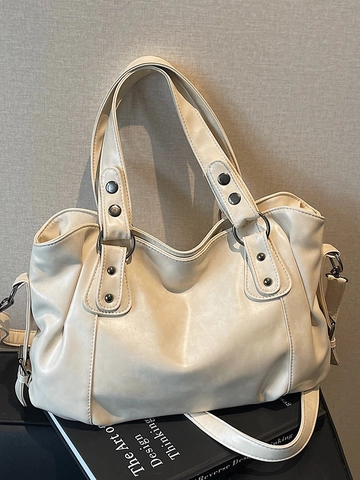 Women Large Capacity Vintage PU Leather Tote Bag Rivet Decor Crossbody Shoulder Bag For Daily Commuting Casual Handbag