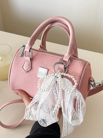 Damen Mode Tweed Boston Tasche Elegante Kissen Umhängetasche Perle Spitze Bogen Deko Urban Einfache Handtasche Geschenk