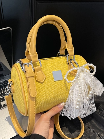 Damen Mode Tweed Boston Tasche Elegante Kissen Umhängetasche Perle Spitze Bogen Deko Urban Einfache Handtasche Geschenk