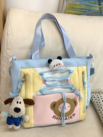 Koreanischer Stil Süße Cartoon Patchwork Tragetasche Große Kapazität Nylon Schultertasche Für Damen Studenten Alltag Handtasche