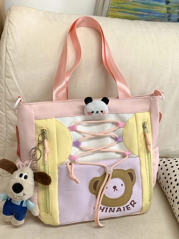 Koreanischer Stil Süße Cartoon Patchwork Tragetasche Große Kapazität Nylon Schultertasche Für Damen Studenten Alltag Handtasche