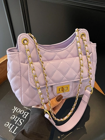 Women Stylish PU Leather Quilted Shoulder Bag Diamond Lattice Pattern Chain Strap Underarm Bag Elegant Lock Square Handbag