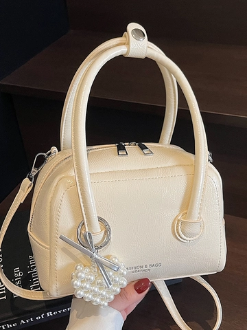 Fashion Women PU Leather Boston Crossbody Bag With Artificial Pearl Heart Pendant Sweet Commuting Handbag Solid Color Pillow Bag