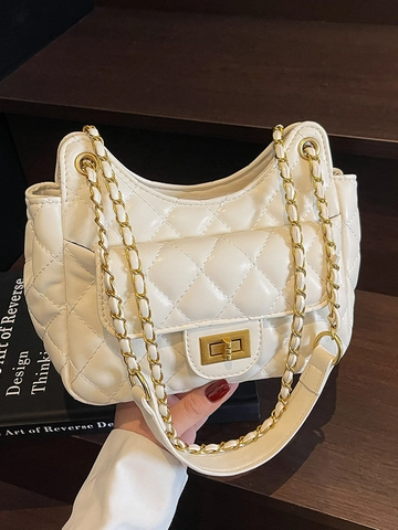 Women Stylish PU Leather Quilted Shoulder Bag Diamond Lattice Pattern Chain Strap Underarm Bag Elegant Lock Square Handbag