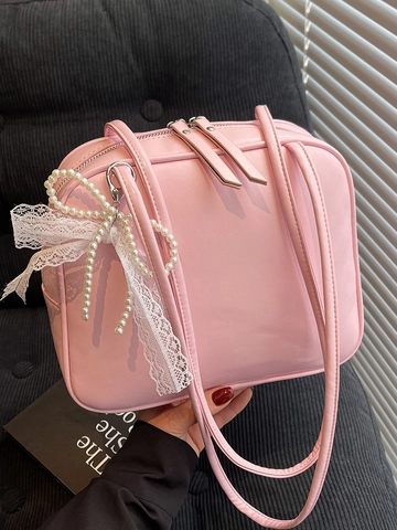 Bolso de Axila de Cuero Artificial Dulce para Mujer Bolso de Hombro con Forma de Almohada con Lazo de Encaje y Perla