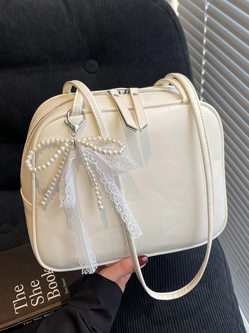 Bolso de Axila de Cuero Artificial Dulce para Mujer Bolso de Hombro con Forma de Almohada con Lazo de Encaje y Perla