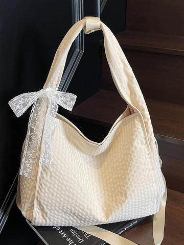 Sac à Épaule Femme Grande Capacité Texture Gaufre Sac en Tissu avec Nœud en Dentelle Style Coréen Artsy Hobo Bag