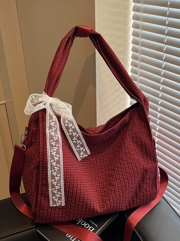 Sac à Épaule Femme Grande Capacité Texture Gaufre Sac en Tissu avec Nœud en Dentelle Style Coréen Artsy Hobo Bag