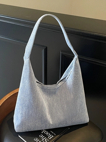 Minimalistische Große Denim Tote Bag Für Damen Casual Washed Jean Schultertasche Für Studenten Schule Pendeln Mode Hobo Bag
