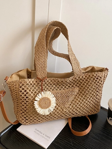 Damen Sommer Urlaub Stroh Gewebte Umhängetasche Große Kapazität Aushöhlen Handtasche Mit Gänseblümchen Floral Anhänger Strand Tote