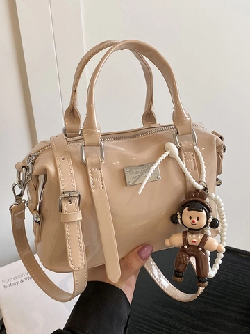 Borsa Boston Lucida in Pelle PU per Donna Mini Borsa a Tracolla Retrò Con Ciondolo a Forma di Bambola a Catena di Perle