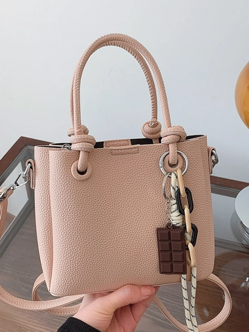 Niche Minimalist Lychee Grain PU Leather Bucket Bag For Women With Chocolate Charm Rope Handle Daily Crossbody Handbag