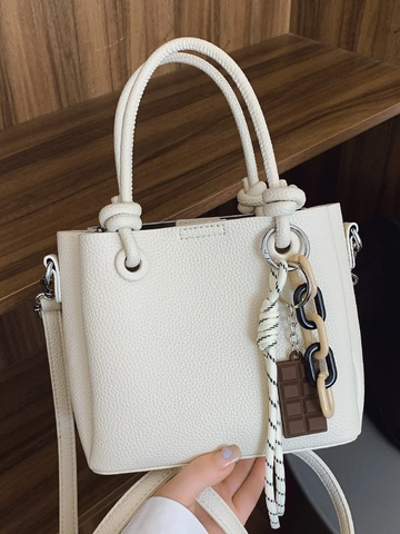 Niche Minimalist Lychee Grain PU Leather Bucket Bag For Women With Chocolate Charm Rope Handle Daily Crossbody Handbag