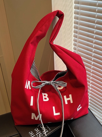 Sac Fourre-tout en Toile de Grande Capacité Avec Imprimé de Lettres Décoration de Nœud Rayé Sac à Épaule Décontracté pour Femmes Quotidien