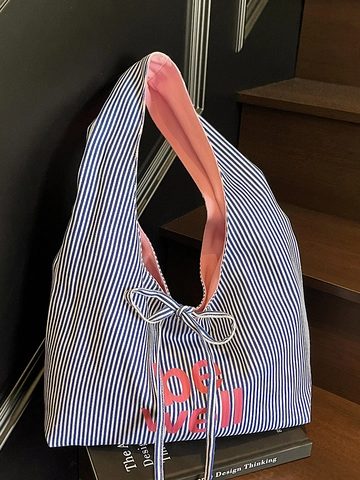 Sac Fourre-tout en Toile de Grande Capacité Avec Imprimé de Lettres Décoration de Nœud Rayé Sac à Épaule Décontracté pour Femmes Quotidien
