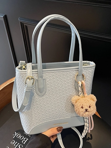 Damen Gewebte Struktur Beuteltasche Casual PU Leder Handtasche Mit Bärenanhänger Umhängetasche Für Den Täglichen Büroalltag