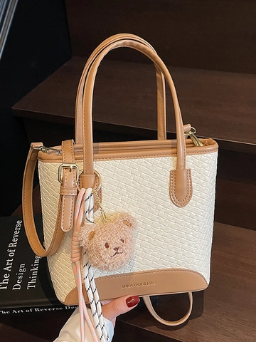 Damen Gewebte Struktur Beuteltasche Casual PU Leder Handtasche Mit Bärenanhänger Umhängetasche Für Den Täglichen Büroalltag