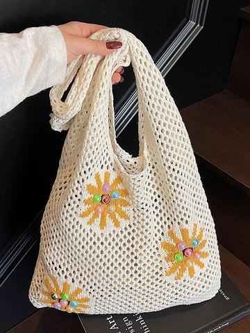 Borsa Tote in Maglia Minimalista Traforata Con Motivo Floreale per Donna Borsa a Spalla Grande per Vacanze al Mare
