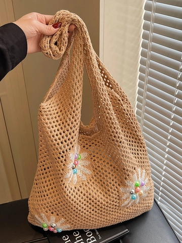 Borsa Tote in Maglia Minimalista Traforata Con Motivo Floreale per Donna Borsa a Spalla Grande per Vacanze al Mare