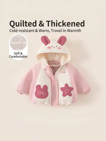 Mädchen Winter Zweiteiler Gesteppte Jacke Mit Herausnehmbarem Fleecefutter Süße Hasenohren Kapuzenmantel Kinder Warme Outfits