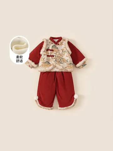 Kinder Traditioneller Chinesischer Stil Rot Tang Anzug Set Fleece Gefüttert Warm Winter Top Und Hose Für Mädchen Neujahrsfeier Bekleidung