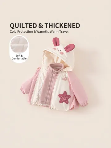 Mädchen Winter Zweiteiler Gesteppte Jacke Mit Herausnehmbarem Fleecefutter Süße Hasenohren Kapuzenmantel Kinder Warme Outfits