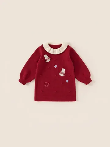 Robe en Tricot Douce pour Filles Avec Col à Volants Broderie de Lapin Manches Longues Hiver Jupe Pull Rouge Enfants