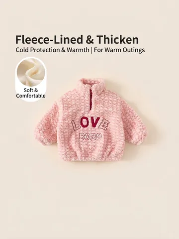 Sweat-shirt en Polaire Rose pour Filles Demi-fermeture Éclair Pull Chaud Top en Polaire Sherpa Épais Broderie Love Bobo Hiver