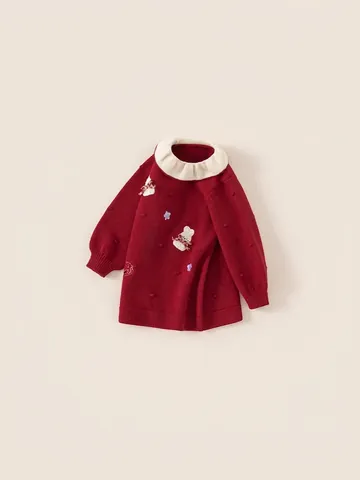 Robe en Tricot Douce pour Filles Avec Col à Volants Broderie de Lapin Manches Longues Hiver Jupe Pull Rouge Enfants