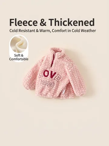 Sweat-shirt en Polaire Rose pour Filles Demi-fermeture Éclair Pull Chaud Top en Polaire Sherpa Épais Broderie Love Bobo Hiver