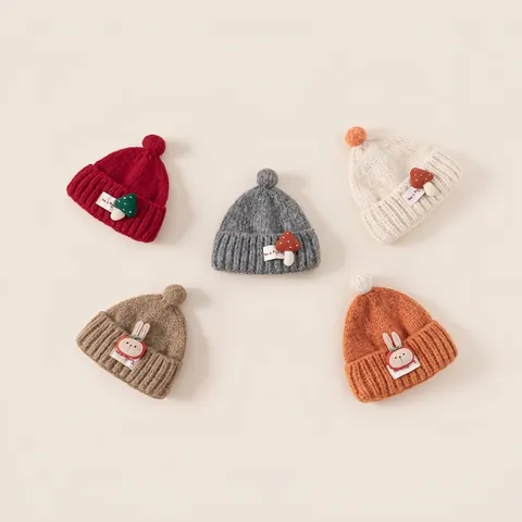 Kids Winter Warm Knit Beanie Hat Soft Acrylic Crochet Ear Protection Cap With Pompom Cartoon Mushroom Rabbit Patch Accessory