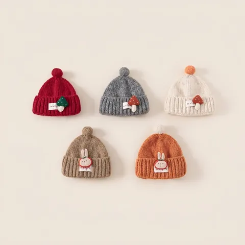 Kids Winter Warm Knit Beanie Hat Soft Acrylic Crochet Ear Protection Cap With Pompom Cartoon Mushroom Rabbit Patch Accessory