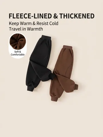 Boys Thick Fleece Lined Tapered Pants Winter Warm Cotton Blend Casual Jogger Sweatpants For Kids 110-160cm
