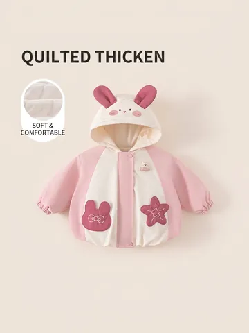 Giacca Imbottita Invernale da Bambina Con Cappuccio Dolce Rosa Bianco Patchwork Trapuntato Orecchie di Coniglio Caldo
