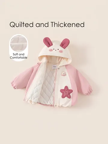 Giacca Imbottita Invernale da Bambina Con Cappuccio Dolce Rosa Bianco Patchwork Trapuntato Orecchie di Coniglio Caldo