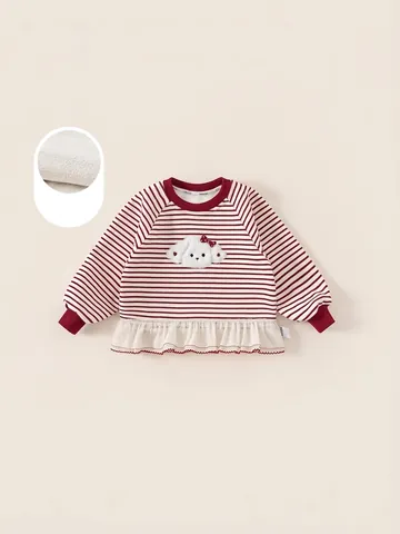 Sweat-shirt Doux en Polaire à Rayures Rouges et Blanches pour Filles Avec Patch Chiot Nœud Ourlet à Volants Enfants Pull