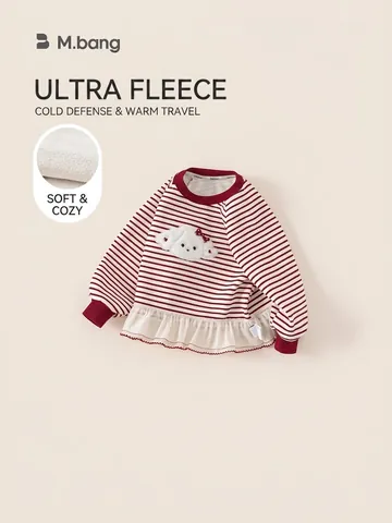 Dolce Felpa in Pile a Righe Rosse e Bianche da Ragazza Con Patch Cucciolo Fiocco Orlo a Volant Manica Lunga Pullover Bambini