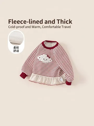 Sweat-shirt Doux en Polaire à Rayures Rouges et Blanches pour Filles Avec Patch Chiot Nœud Ourlet à Volants Enfants Pull