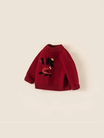 Maglione a Maglia Rosso Festival per Bambini Manica Lunga Girocollo Morbido Pullover in Acrilico Ragazzi Ragazze Capodanno Ricamo