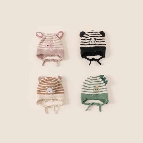 Baby Knit Ear Protection Hat Cartoon Animal Shaped Striped Beanie For Toddler Kids Winter Warm Acrylic Cap With Strap